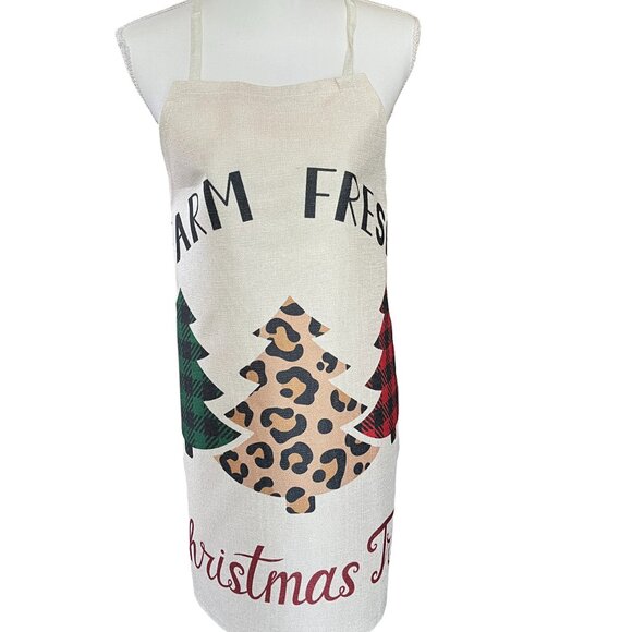 Merry Christmas Linen Blend Full Apron Farm Fresh Christmas Trees NEW - Picture 1 of 6